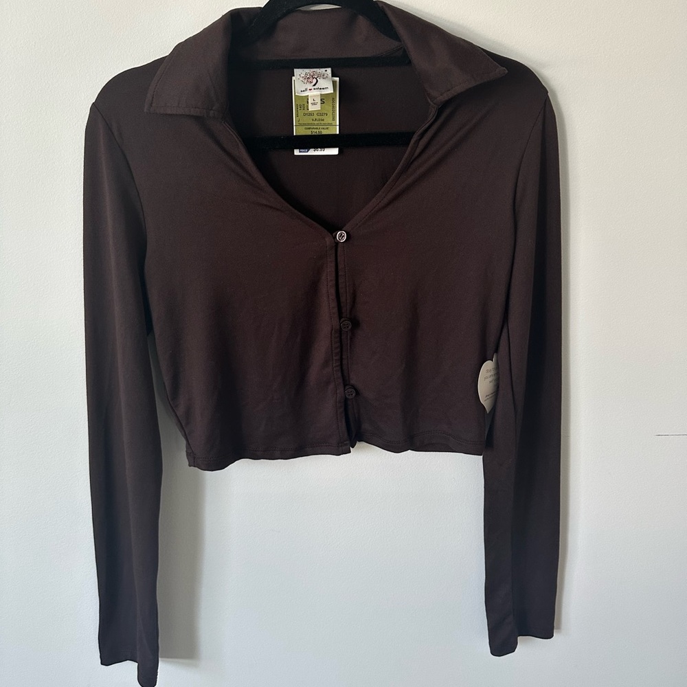 Mocha Button Down Collared Crop Top